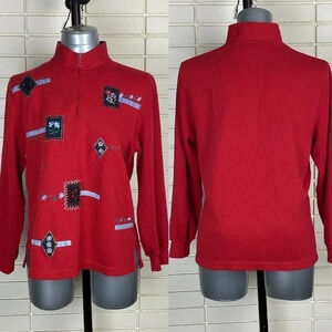 2/$25Vintage 1980’s Red half zip turtleneck  floral denim patchwork sweater sz M